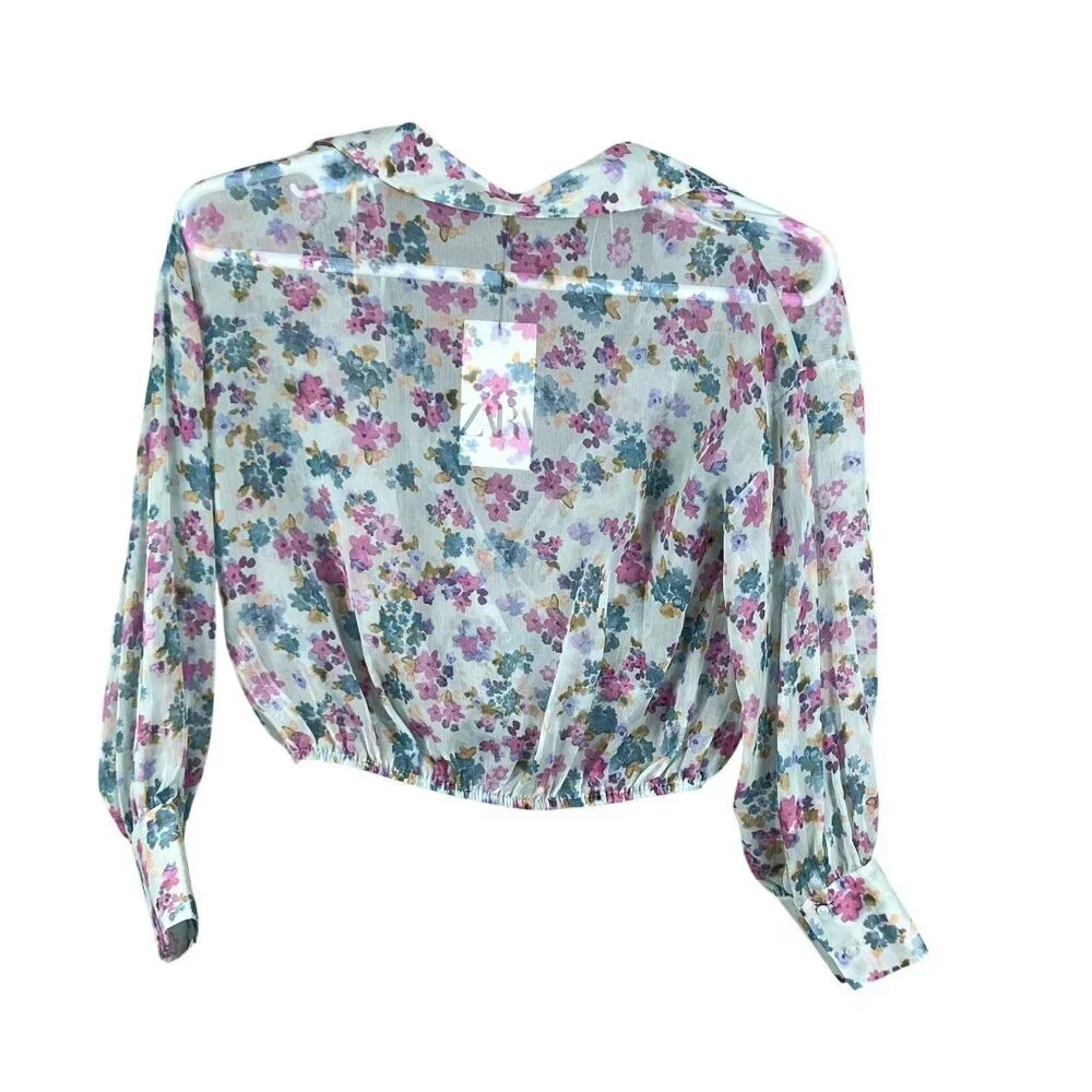 Zara NWT Womens S Floral Wrap Blouse Bell Sleeves Fairy Pastel Chiffon Crop Top - Picture 7 of 15